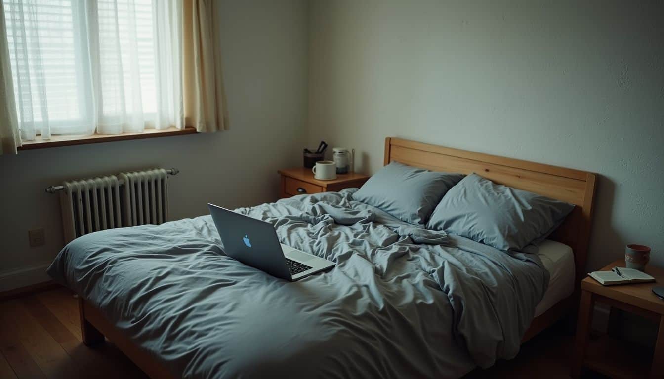 A modest bedroom features a neatly made bed, an open laptop, and a worn wooden floor, evoking a sense of solitude. A modest bedroom features a neatly made bed, an open laptop, and a worn wooden floor, evoking a sense of solitude.