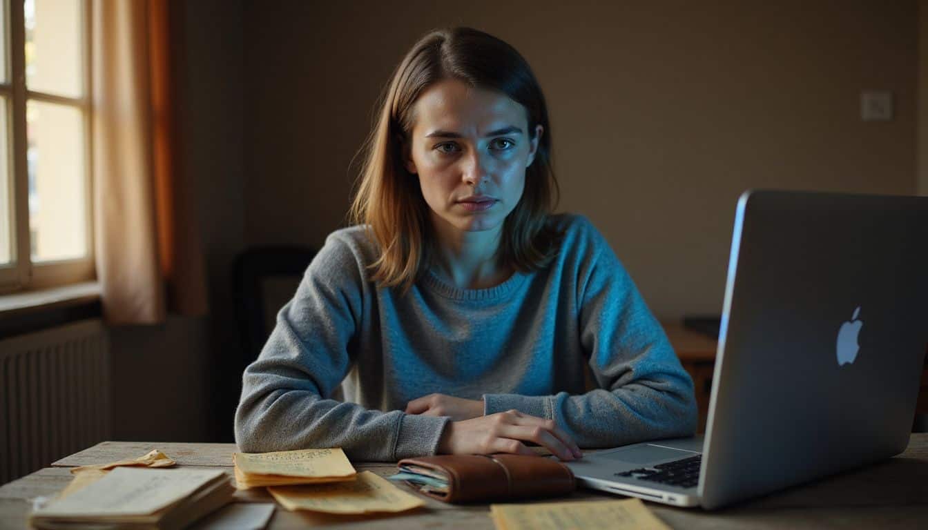 A woman sits at a cluttered desk, focused on her laptop, appearing anxious and burdened by financial stress. A woman sits at a cluttered desk, focused on her laptop, appearing anxious and burdened by financial stress.