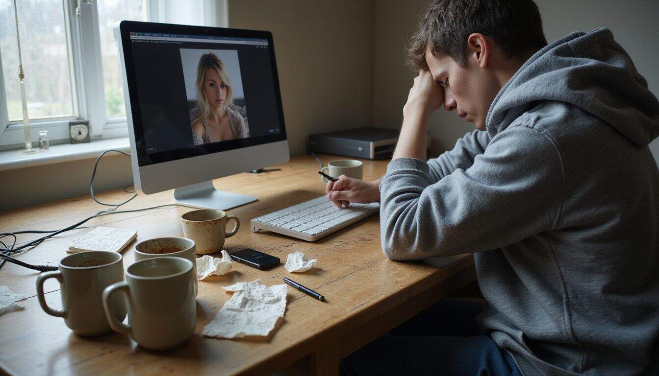 A cluttered wooden desk with coffee mugs, tissues, and a computer displaying a paused webcam model reflects isolation and fatigue. A cluttered wooden desk with coffee mugs, tissues, and a computer displaying a paused webcam model reflects isolation and fatigue.