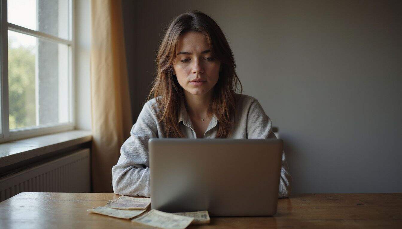 A woman sits at a desk, visibly contemplating while looking at her laptop amidst a pile of neglected bills. A woman sits at a desk, visibly contemplating while looking at her laptop amidst a pile of neglected bills.