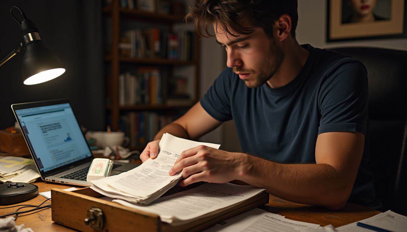 A man in casual attire organizes financial documents at a cluttered home office desk. A man in casual attire organizes financial documents at a cluttered home office desk.