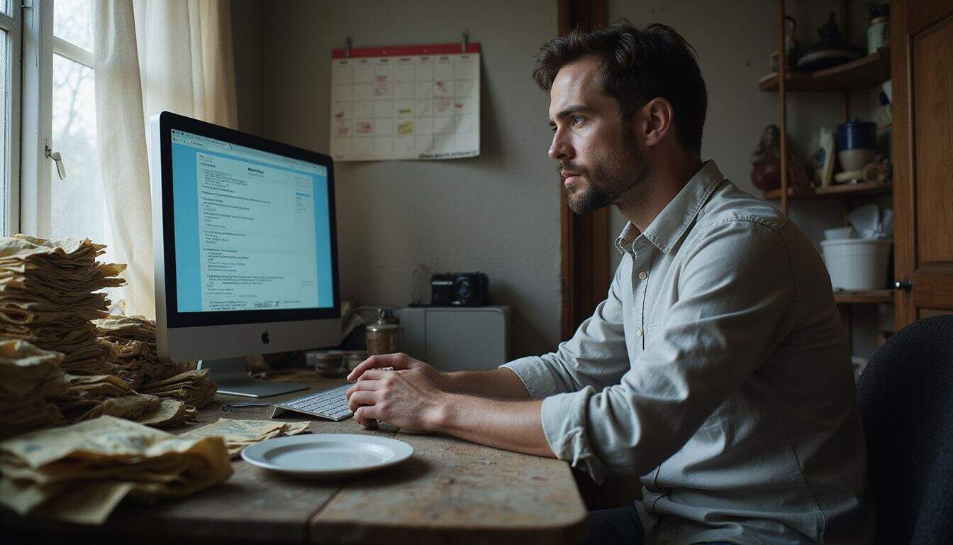 A focused man sits at a cluttered desk, immersed in work amidst a chaotic and untidy apartment. A focused man sits at a cluttered desk, immersed in work amidst a chaotic and untidy apartment.