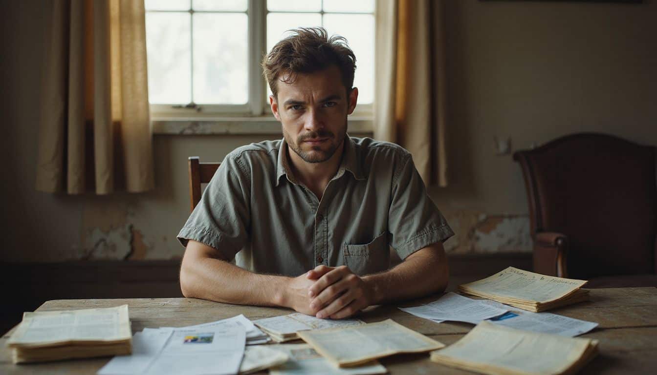 A weary man in a cluttered room sits at a table surrounded by unpaid bills, exuding fatigue and stress. A weary man in a cluttered room sits at a table surrounded by unpaid bills, exuding fatigue and stress.