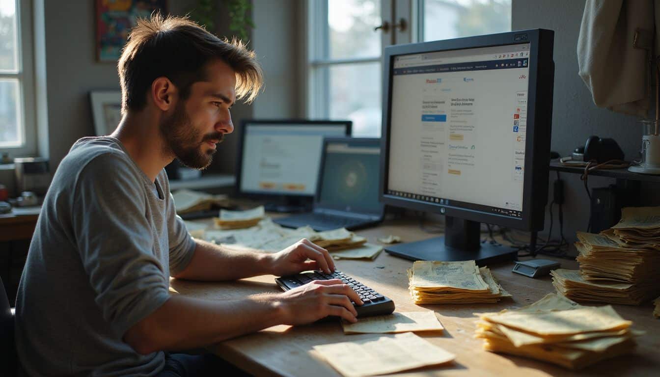 A weary individual sits at a cluttered desk filled with bills and computer monitors displaying camgirl websites. A weary individual sits at a cluttered desk filled with bills and computer monitors displaying camgirl websites.