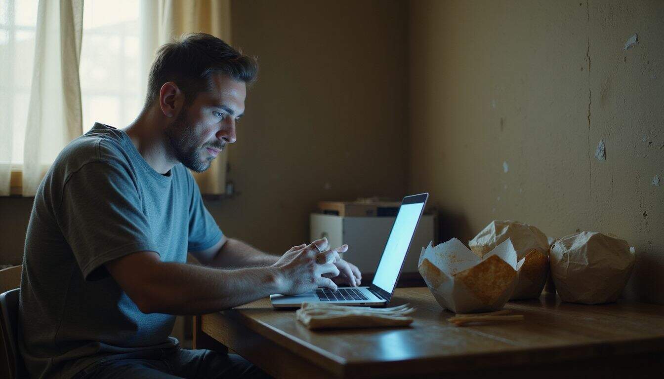A weary man in a wrinkled shirt gazes at his laptop, surrounded by takeout containers in a sparse room. A weary man in a wrinkled shirt gazes at his laptop, surrounded by takeout containers in a sparse room.