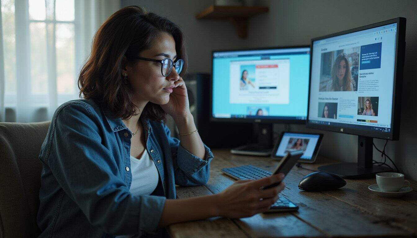 A contemplative woman in her 30s focuses on computer monitors displaying camgirl websites while sitting in a modest room. A contemplative woman in her 30s focuses on computer monitors displaying camgirl websites while sitting in a modest room.