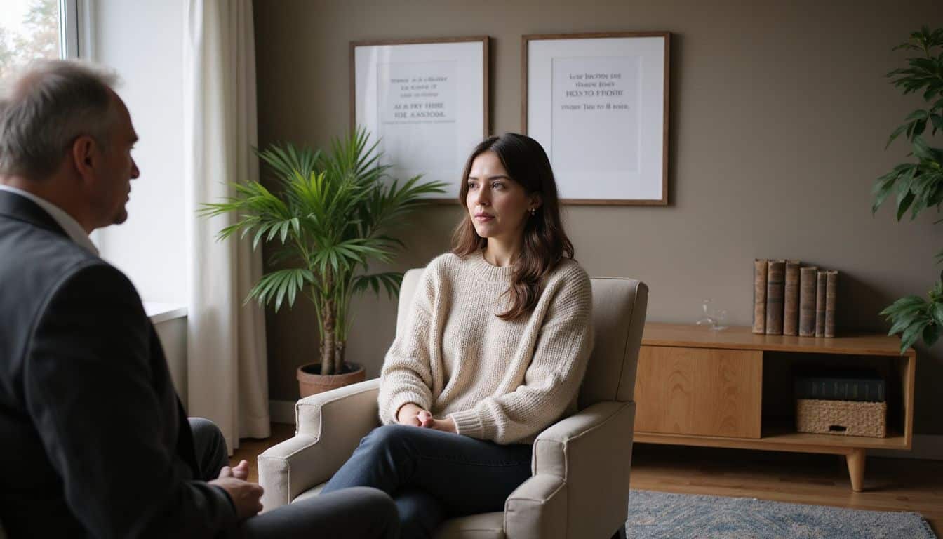 A woman engages in conversation with a thoughtful therapist in a cozy, inviting office filled with natural decor. A woman engages in conversation with a thoughtful therapist in a cozy, inviting office filled with natural decor.
