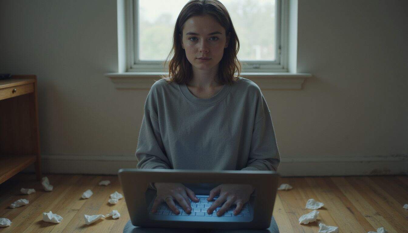 A weary young woman sits alone in a minimalistic room, reflecting vulnerability while using a laptop displaying a camgirl website. A weary young woman sits alone in a minimalistic room, reflecting vulnerability while using a laptop displaying a camgirl website.