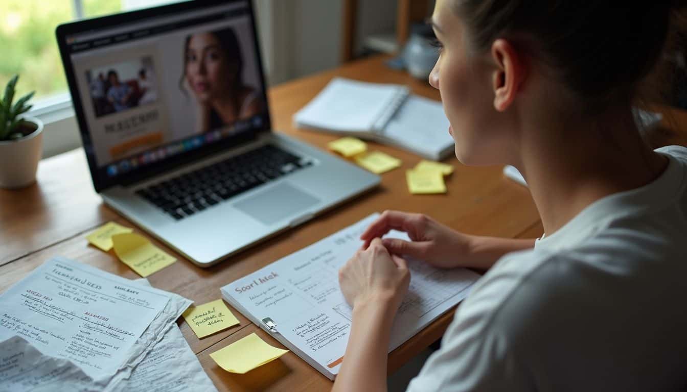 A cluttered wooden desk features a laptop, scattered papers, motivational sticky notes, and a calendar, with a contemplative person seated. A cluttered wooden desk features a laptop, scattered papers, motivational sticky notes, and a calendar, with a contemplative person seated.