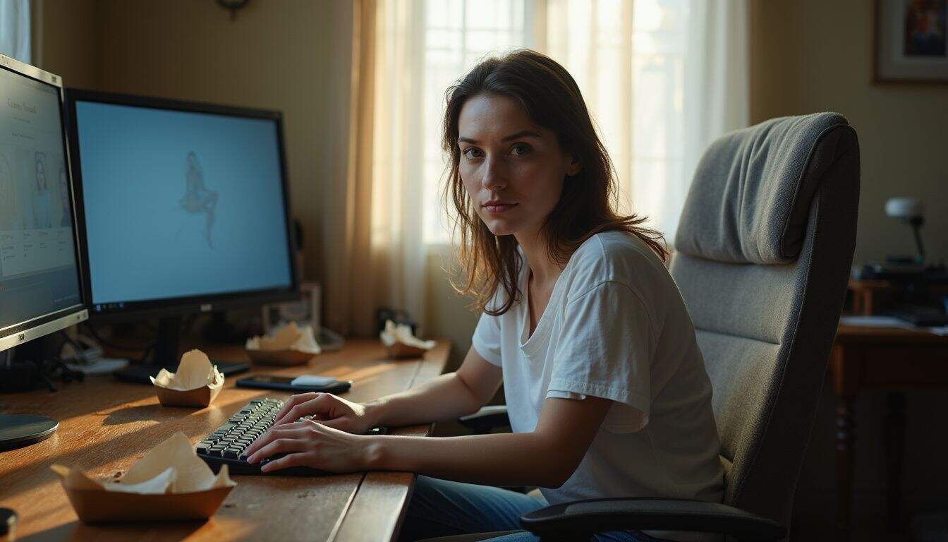 A woman sits pensively in a lived-in room, surrounded by computer monitors and scattered takeout containers. A woman sits pensively in a lived-in room, surrounded by computer monitors and scattered takeout containers.
