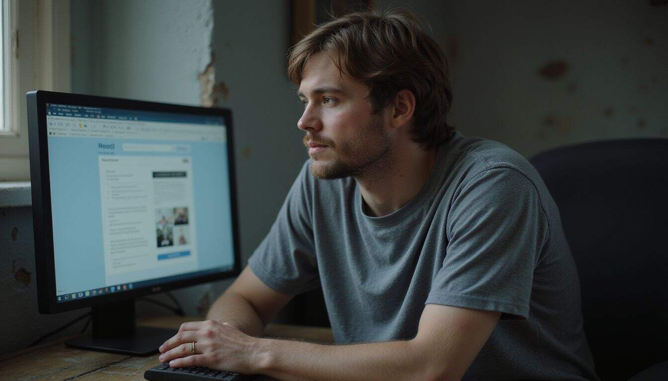 A man in a faded gray T-shirt sits at a wooden desk, deeply focused on his computer screen. A man in a faded gray T-shirt sits at a wooden desk, deeply focused on his computer screen.