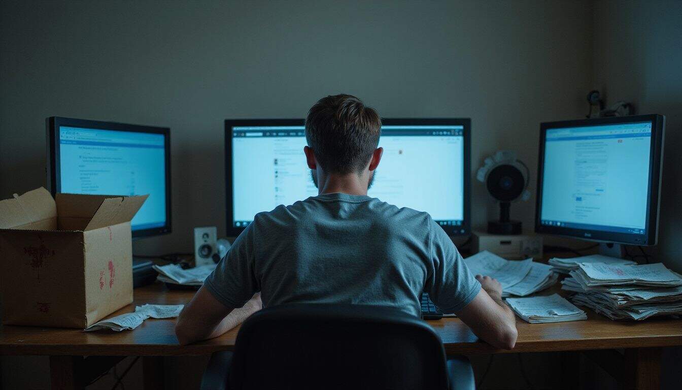 A focused man in a cluttered home office works late at night amidst empty takeout boxes and disorganized paperwork. A focused man in a cluttered home office works late at night amidst empty takeout boxes and disorganized paperwork.