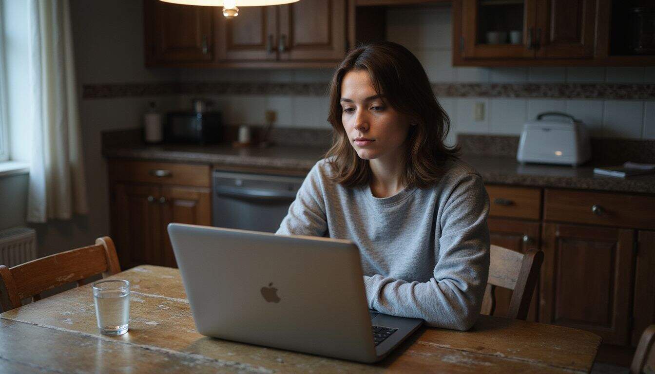 A woman in a gray sweatshirt sits alone at a wooden kitchen table, focused on her laptop. A woman in a gray sweatshirt sits alone at a wooden kitchen table, focused on her laptop.