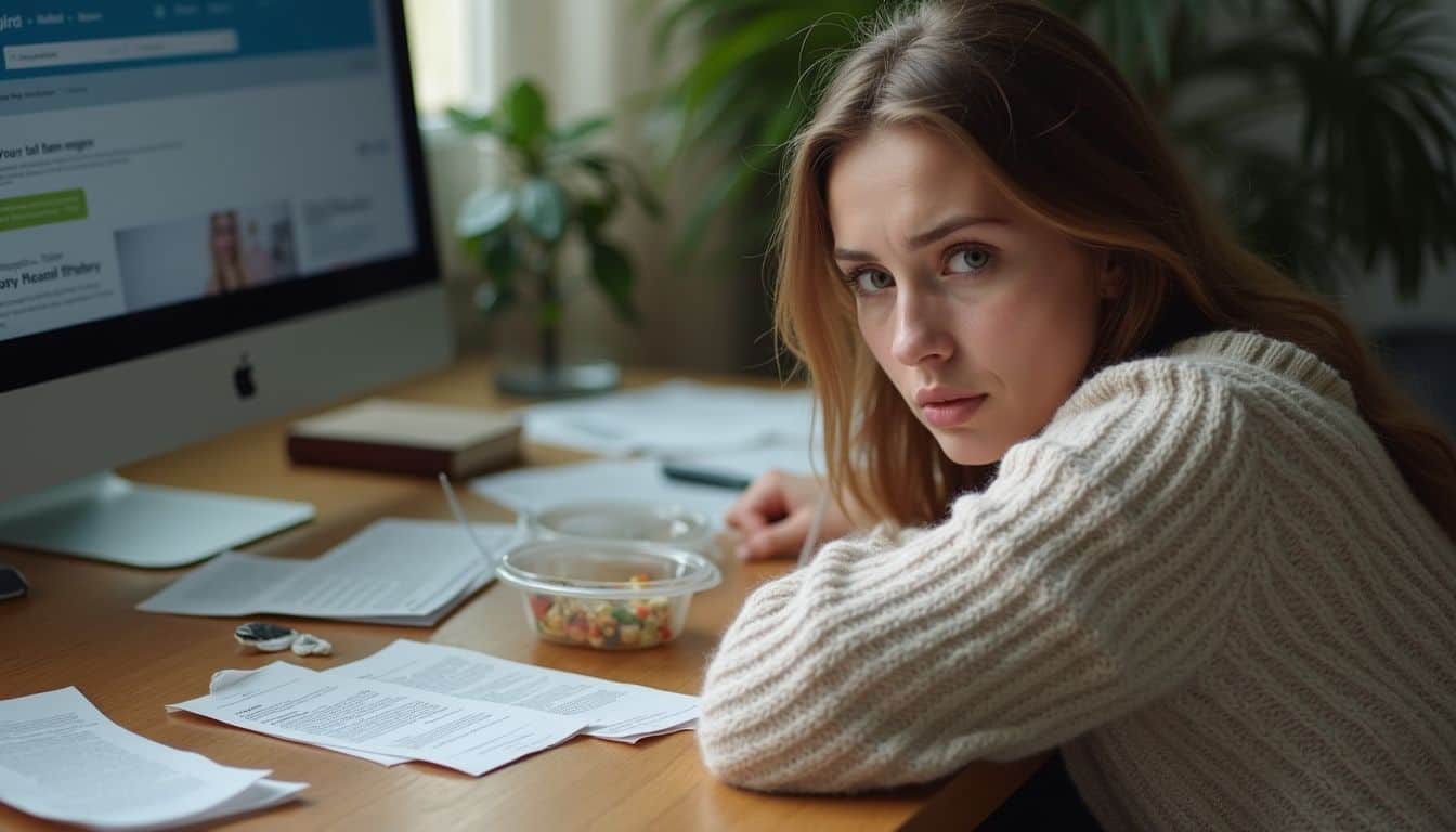 A woman in a knit sweater sits at a cluttered desk, displaying fatigue and distraction while viewing a camgirl website. A woman in a knit sweater sits at a cluttered desk, displaying fatigue and distraction while viewing a camgirl website.