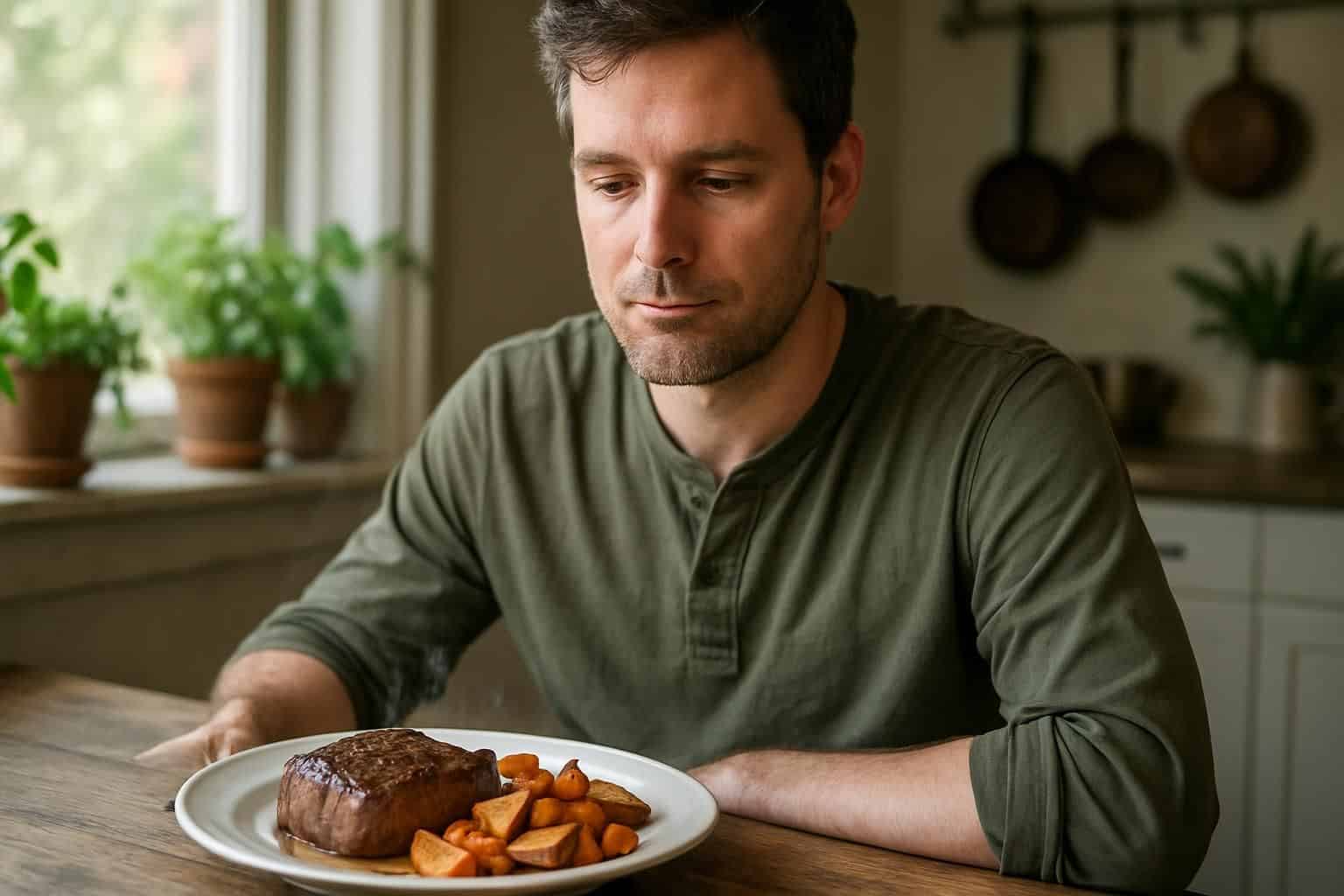 A man enjoys a freshly plated meal of seared steak and roasted vegetables at a rustic wooden table.