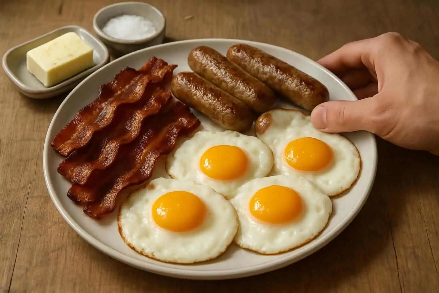 A beautifully arranged breakfast features crispy bacon, sausage links, sunny-side-up eggs, and butter on a rustic wooden table.