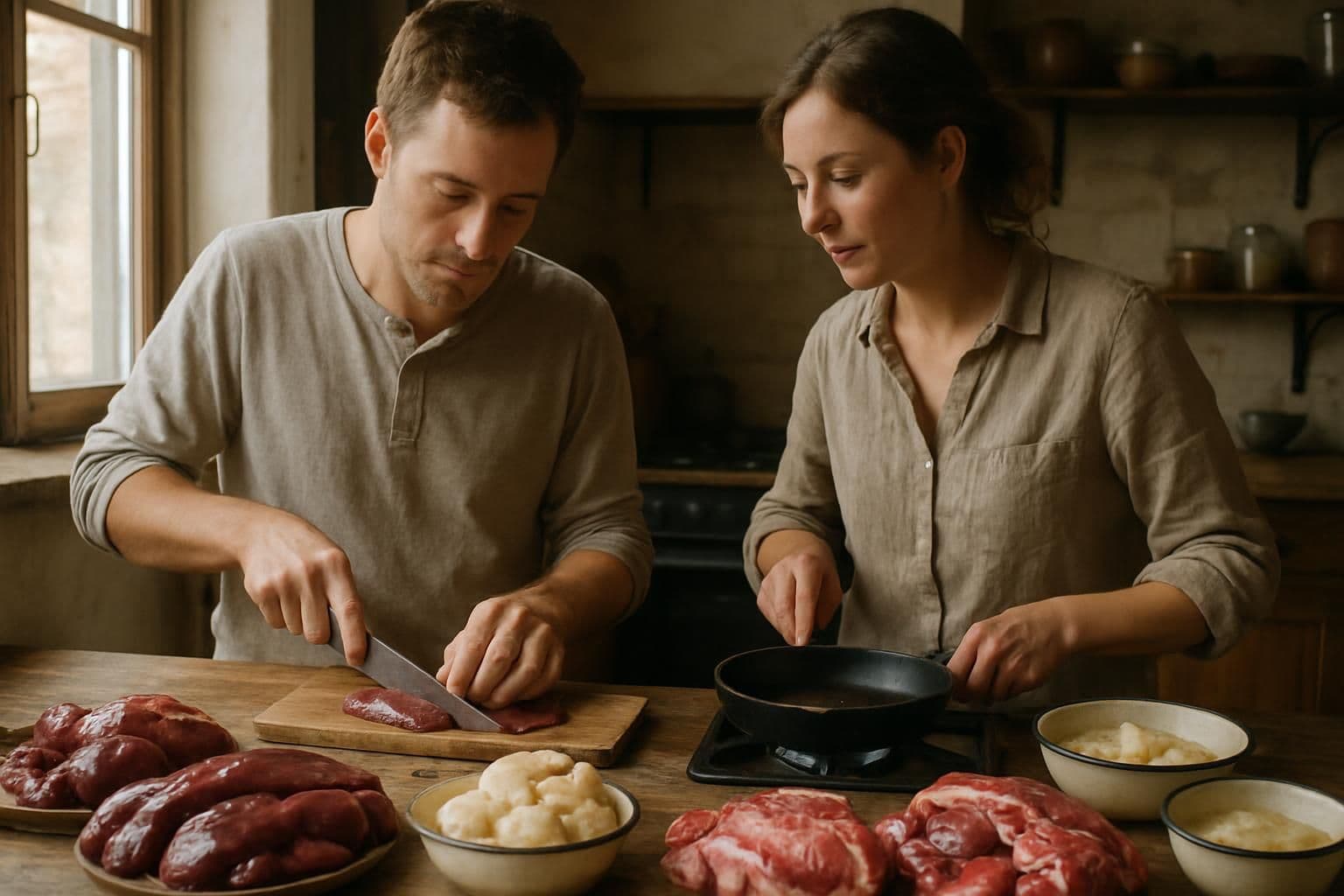 A couple cooks together in a rustic kitchen, preparing raw organ meats and rendered animal fats.
