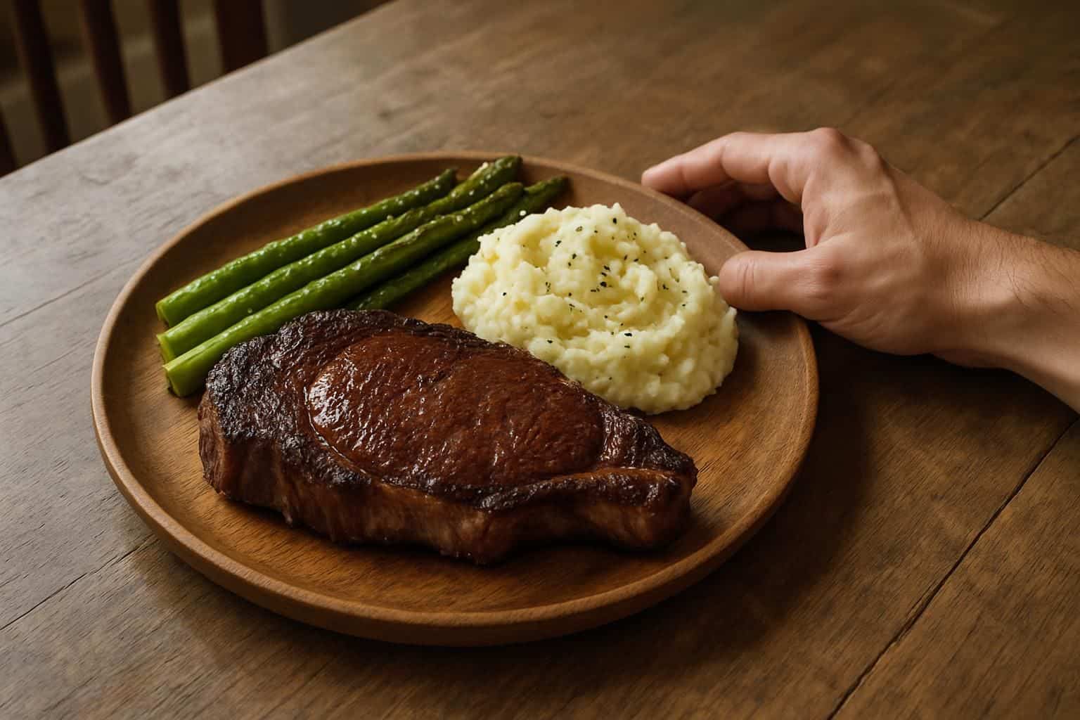 A rustic wooden table displays a perfectly seared ribeye steak, vibrant asparagus, and creamy garlic mashed potatoes.