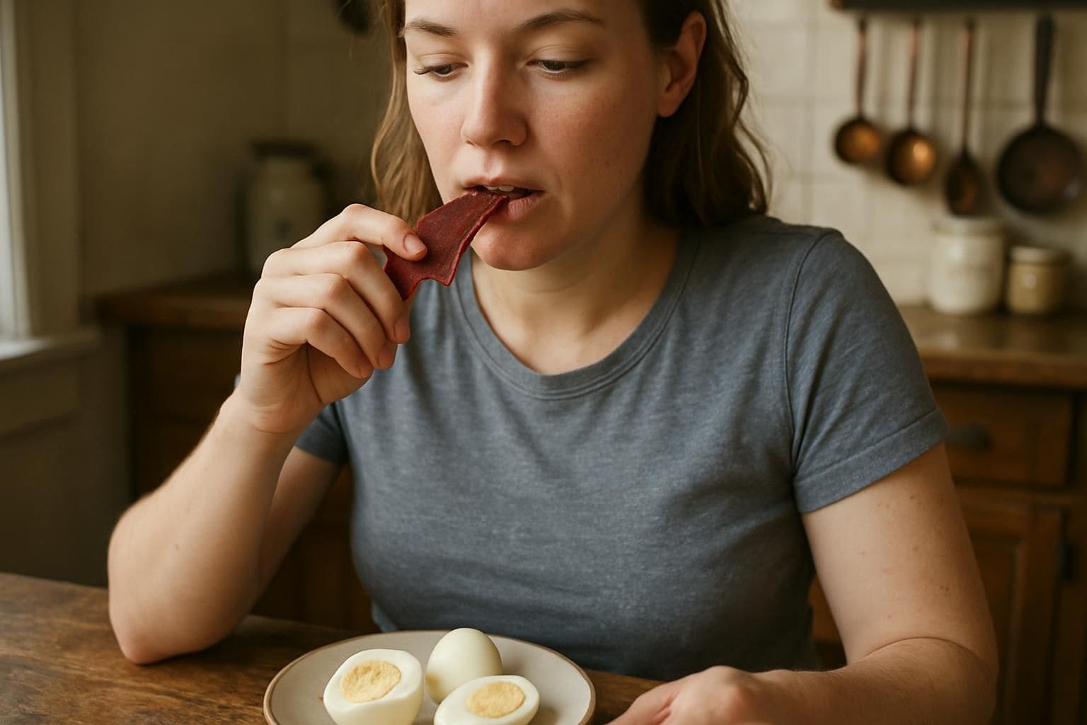 A woman sits at a rustic kitchen table, enjoying beef jerky and hard-boiled eggs in a candid, relaxed moment.