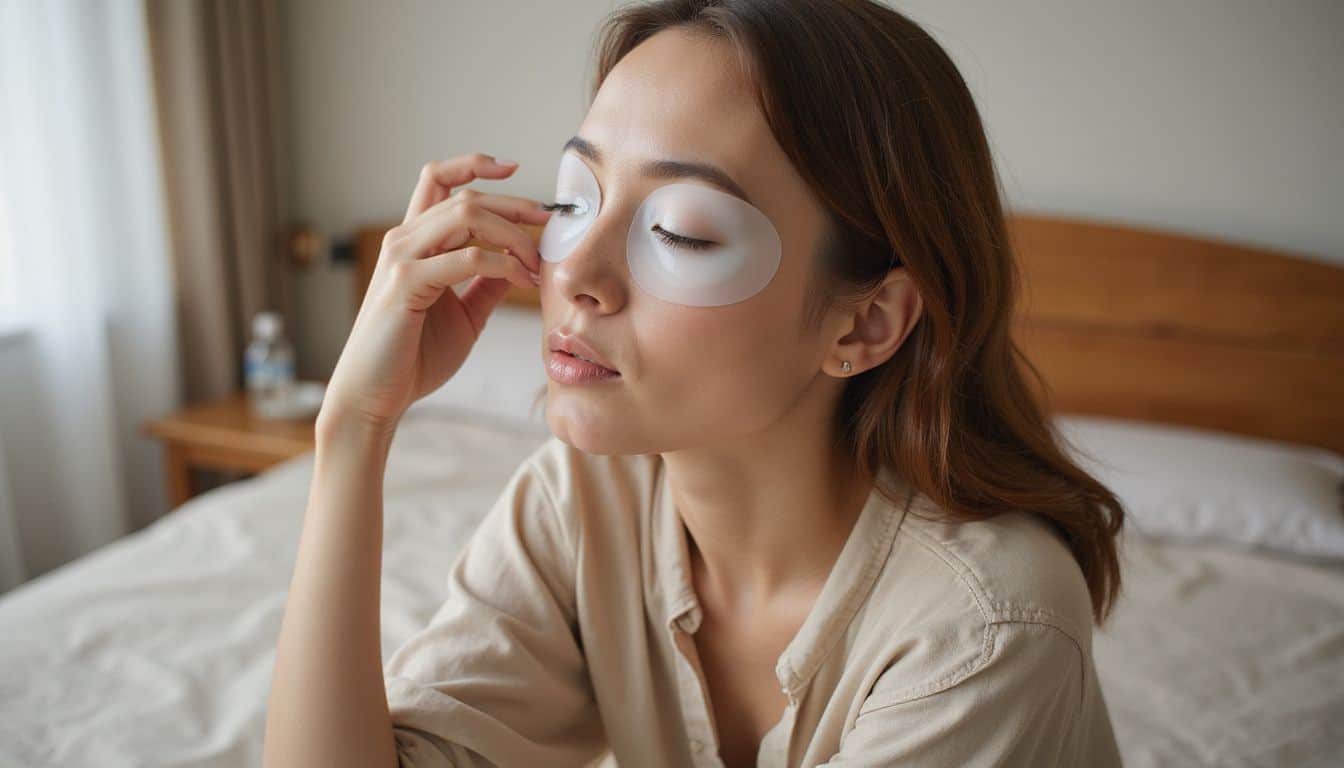 A woman applies a silicone eye patch while seated on the edge of her bed, focused on her skincare routine.