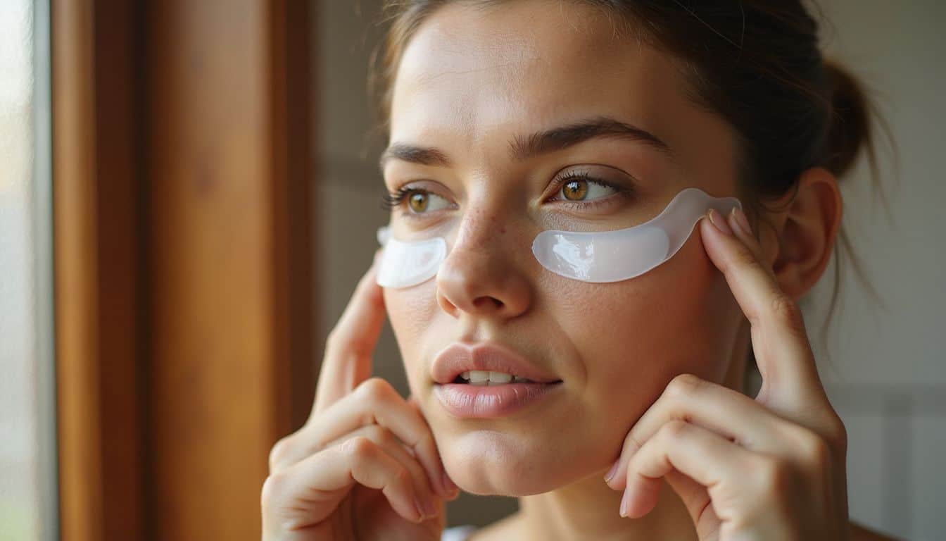 A close-up captures a person applying translucent silicone eye patches as part of their skincare routine.
