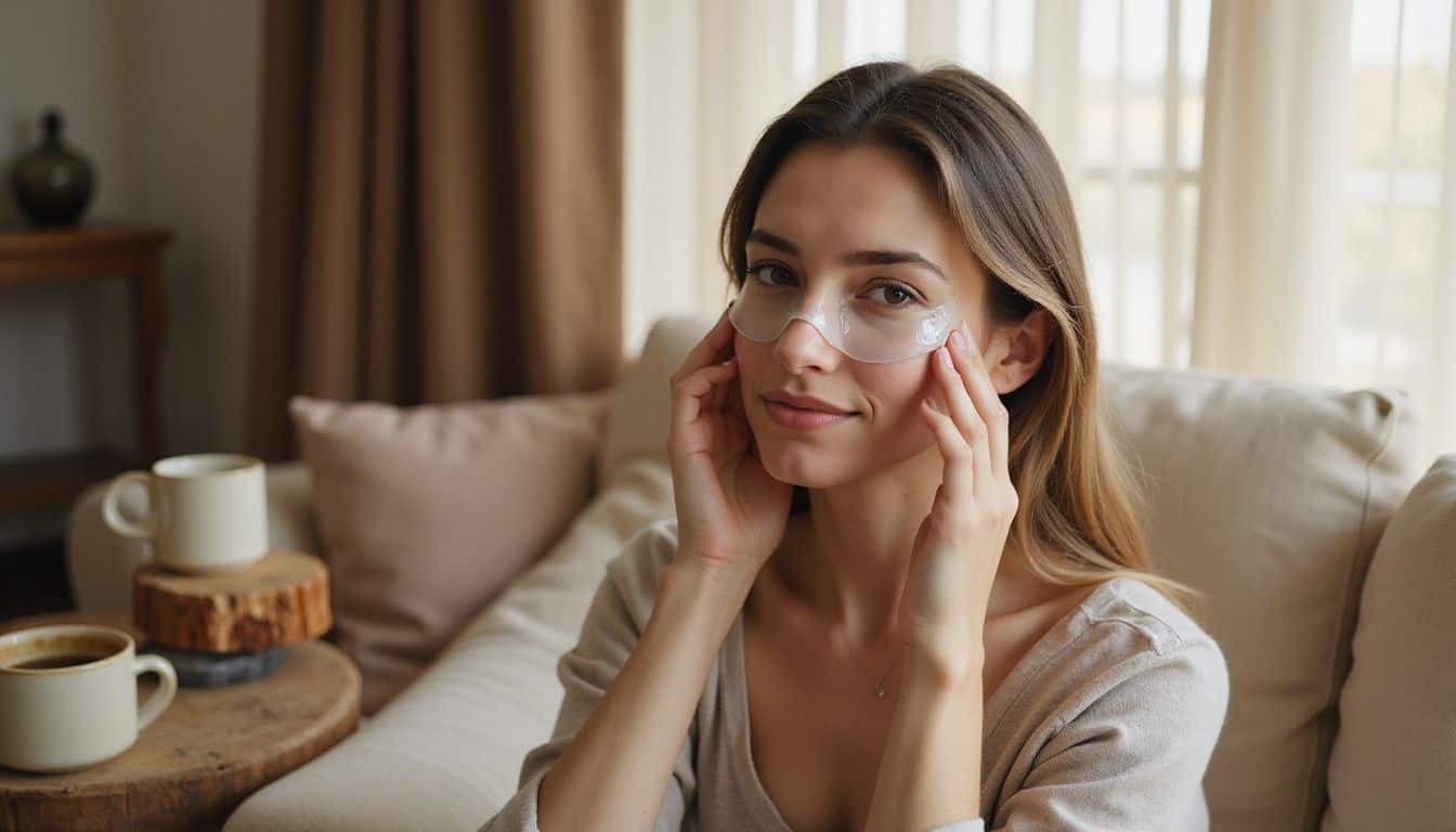 A woman relaxes in an armchair, applying eye patches with a serene expression in a cozy bedroom setting.