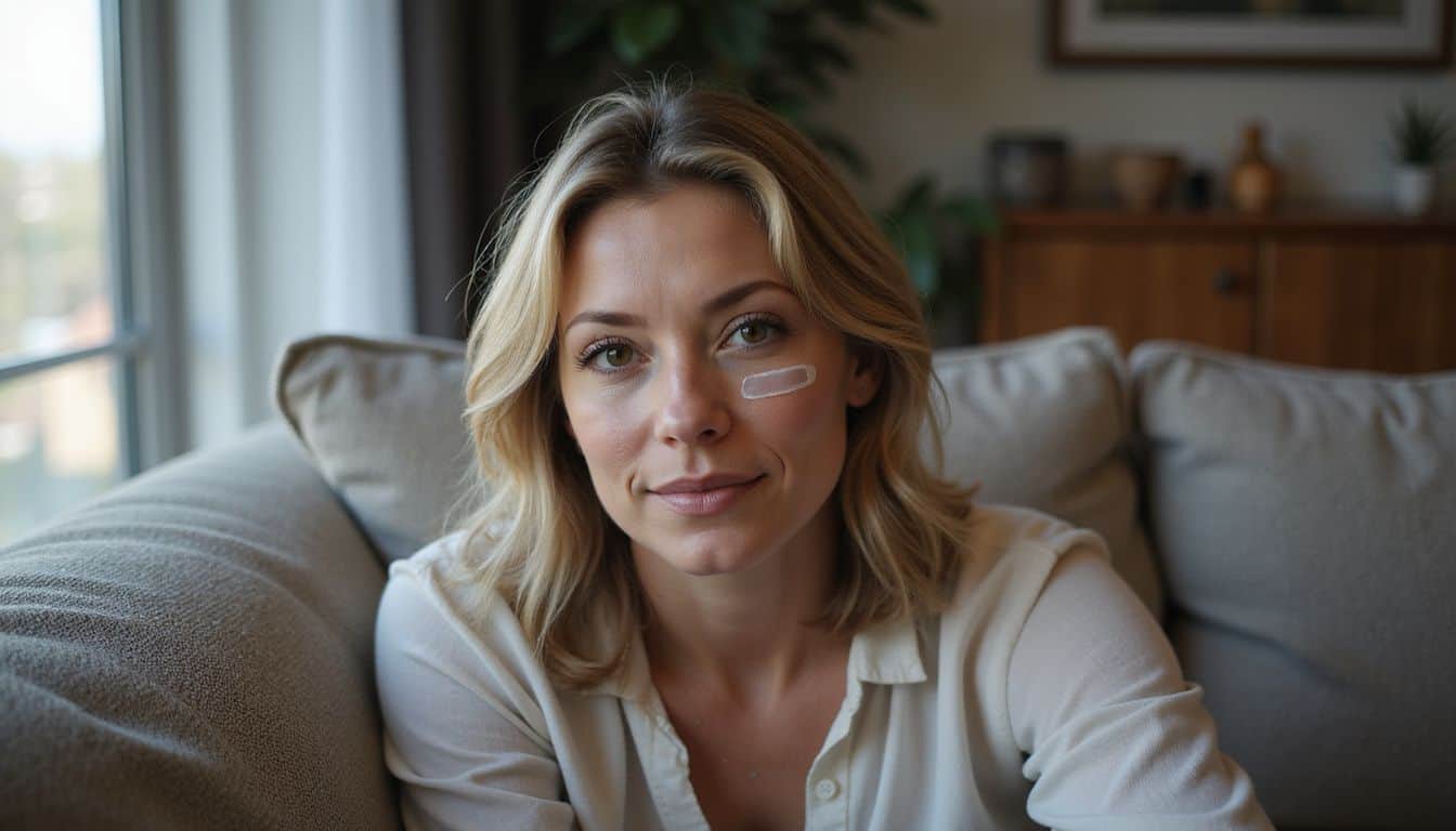 A woman in her late 30s relaxes on a couch, wearing silicone patches under her eyes and a casual blouse.