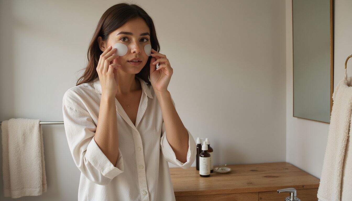 A woman applies translucent eye patches in a minimalist bathroom, surrounded by neatly arranged skincare products.