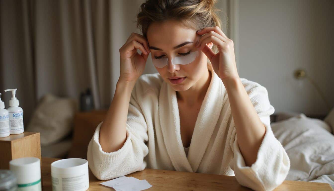 A woman in a robe applies silicone eye patches at a wooden vanity, surrounded by skincare products.