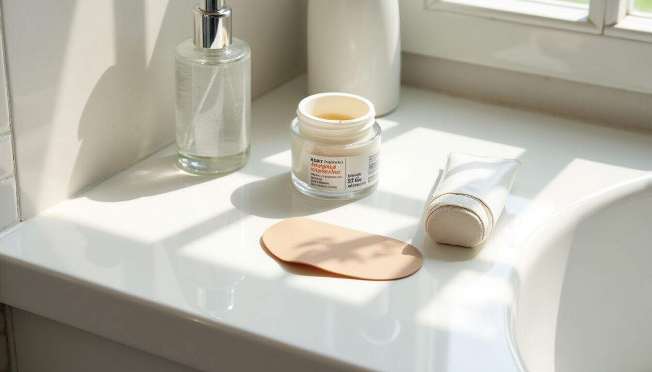 A silicone eye patch and skincare products are neatly arranged on a pristine porcelain countertop in a serene bathroom.