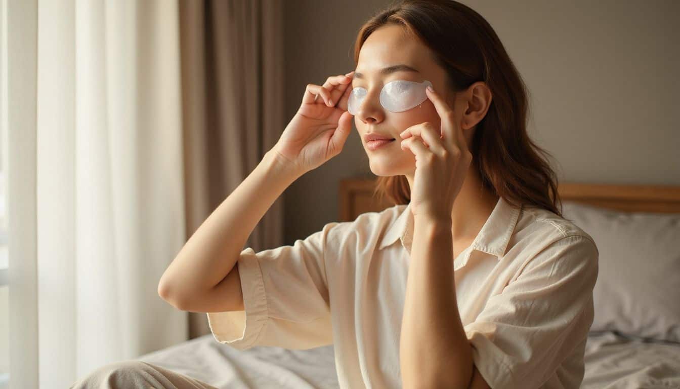 A woman applies silicone eye patches while seated on the edge of a bed, enjoying a moment of self-care.