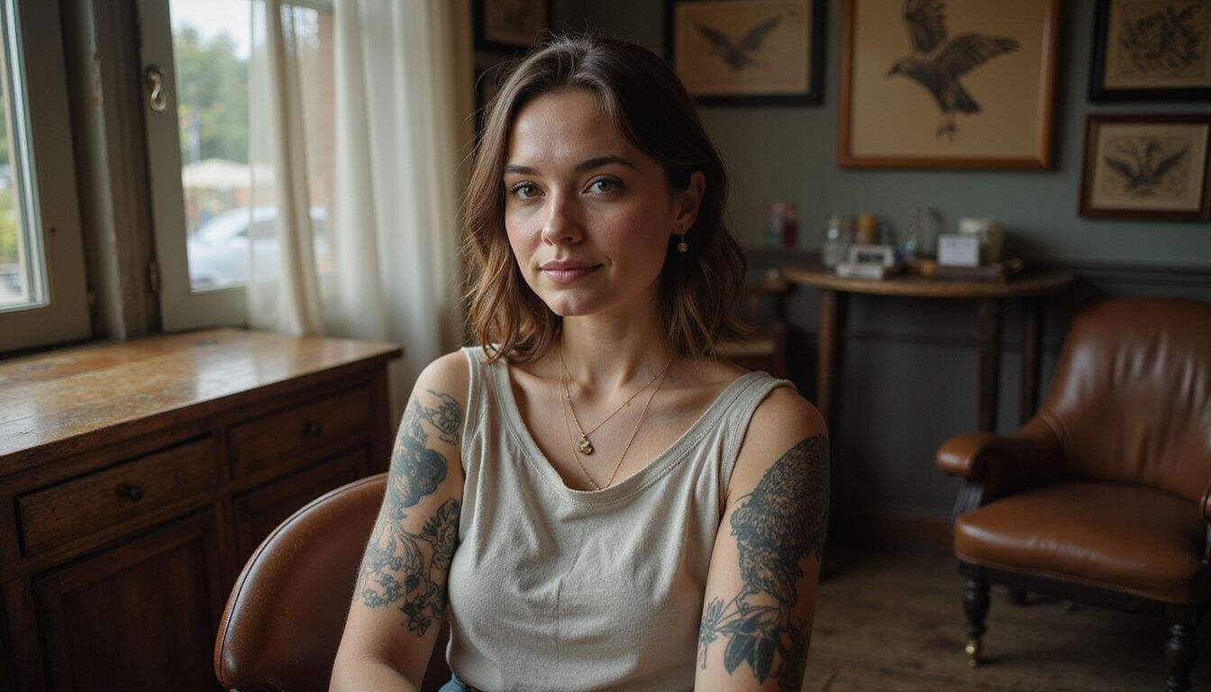 A young woman sits in a tattoo parlor, showcasing intricate animal tattoos and a calm, introspective expression. A young woman sits in a tattoo parlor, showcasing intricate animal tattoos and a calm, introspective expression.