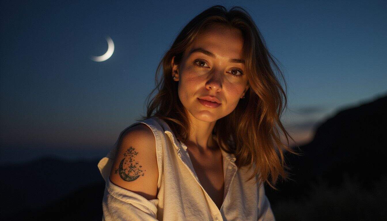 A woman in her 30s showcases a celestial tattoo on her arm while gazing thoughtfully at the night sky. A woman in her 30s showcases a celestial tattoo on her arm while gazing thoughtfully at the night sky.