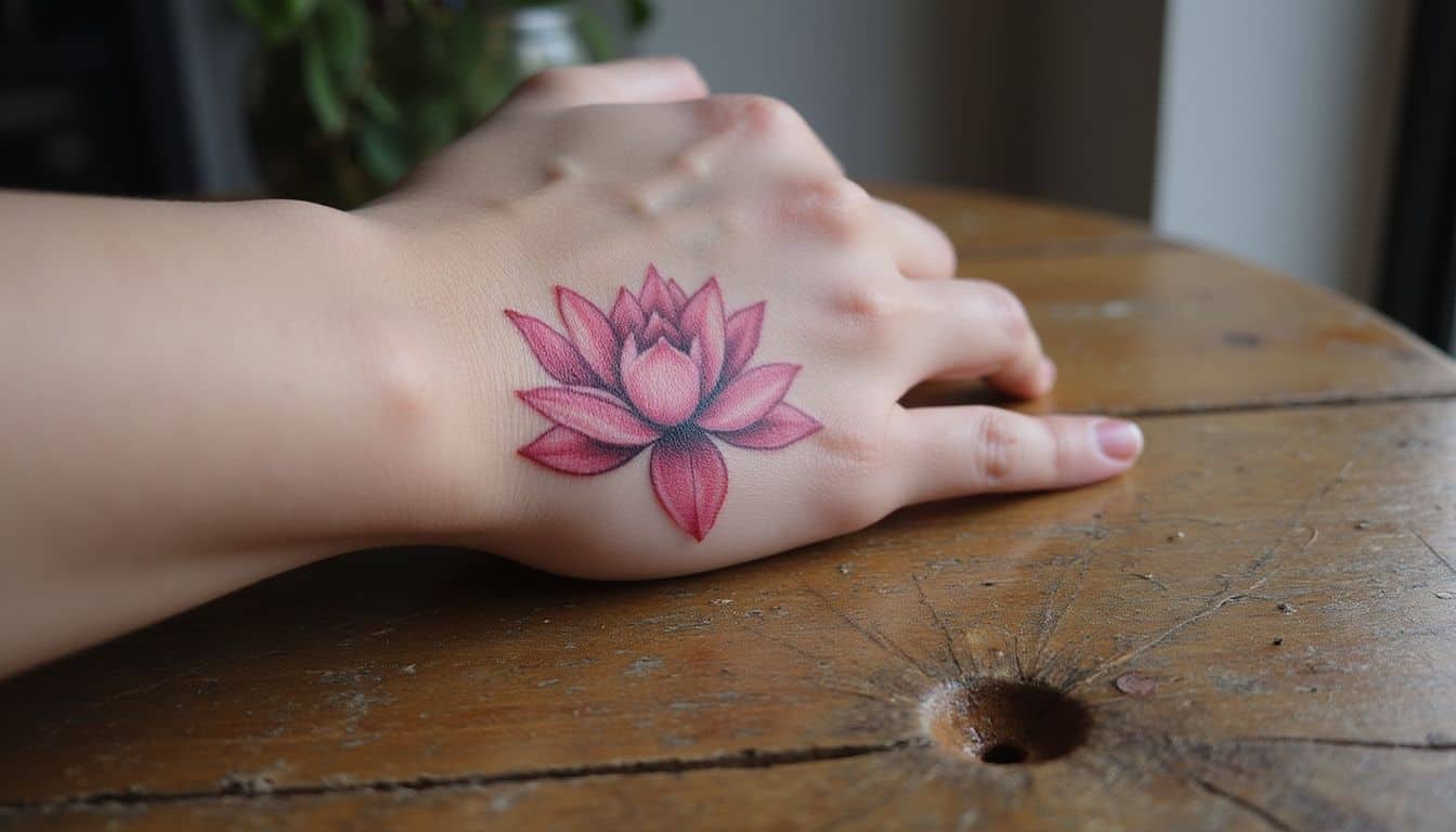 A close-up of a pink lotus flower tattoo on smooth skin resting on a textured wooden table. A close-up of a pink lotus flower tattoo on smooth skin resting on a textured wooden table.