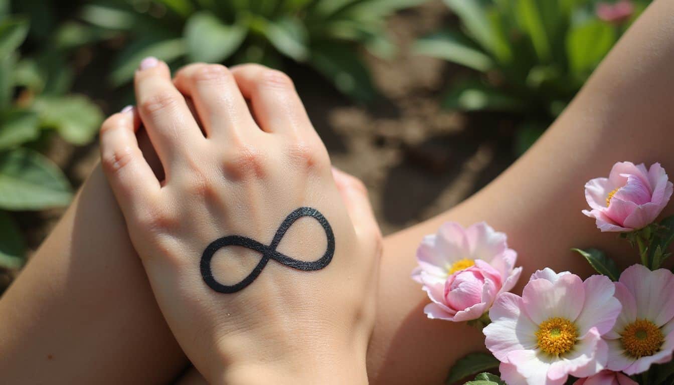 A finely inked infinity symbol tattoo is gracefully surrounded by delicate pastel flowers on smooth skin. A finely inked infinity symbol tattoo is gracefully surrounded by delicate pastel flowers on smooth skin.