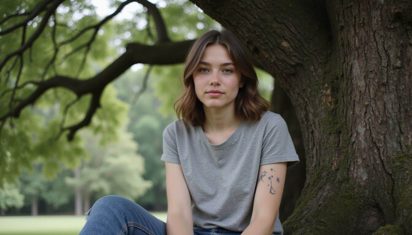 A young woman sits peacefully under an ancient oak tree, wearing a gray T-shirt and faded jeans, adorned with tattoos. A young woman sits peacefully under an ancient oak tree, wearing a gray T-shirt and faded jeans, adorned with tattoos.