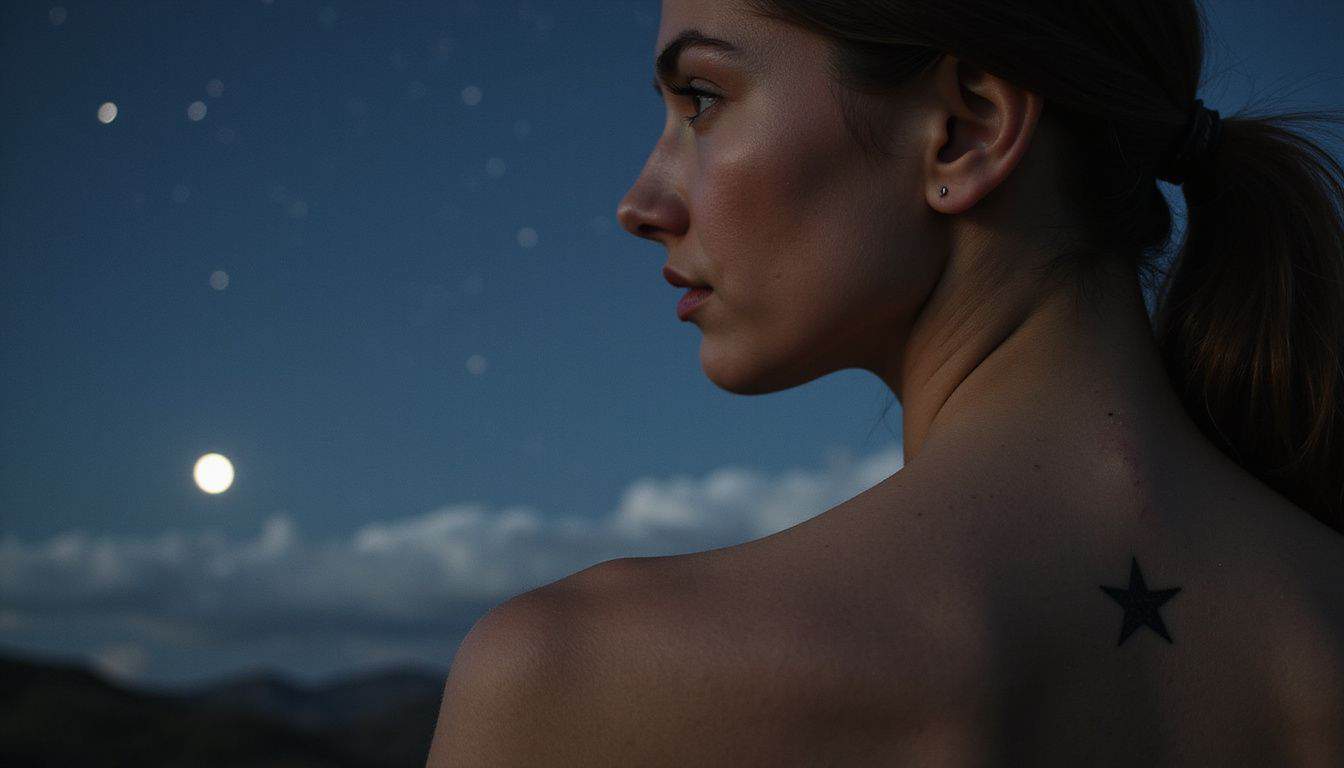 A close-up of a woman's upper back features a five-pointed star tattoo on her smooth, pale skin. A close-up of a woman's upper back features a five-pointed star tattoo on her smooth, pale skin.