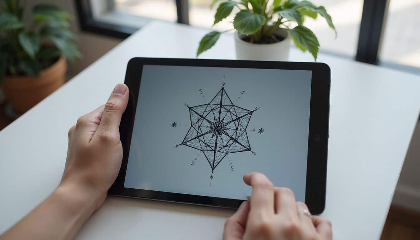 A detailed Metatron's Cube tattoo design is displayed on a digital tablet, surrounded by a minimalist setting and poised hands. A detailed Metatron's Cube tattoo design is displayed on a digital tablet, surrounded by a minimalist setting and poised hands.