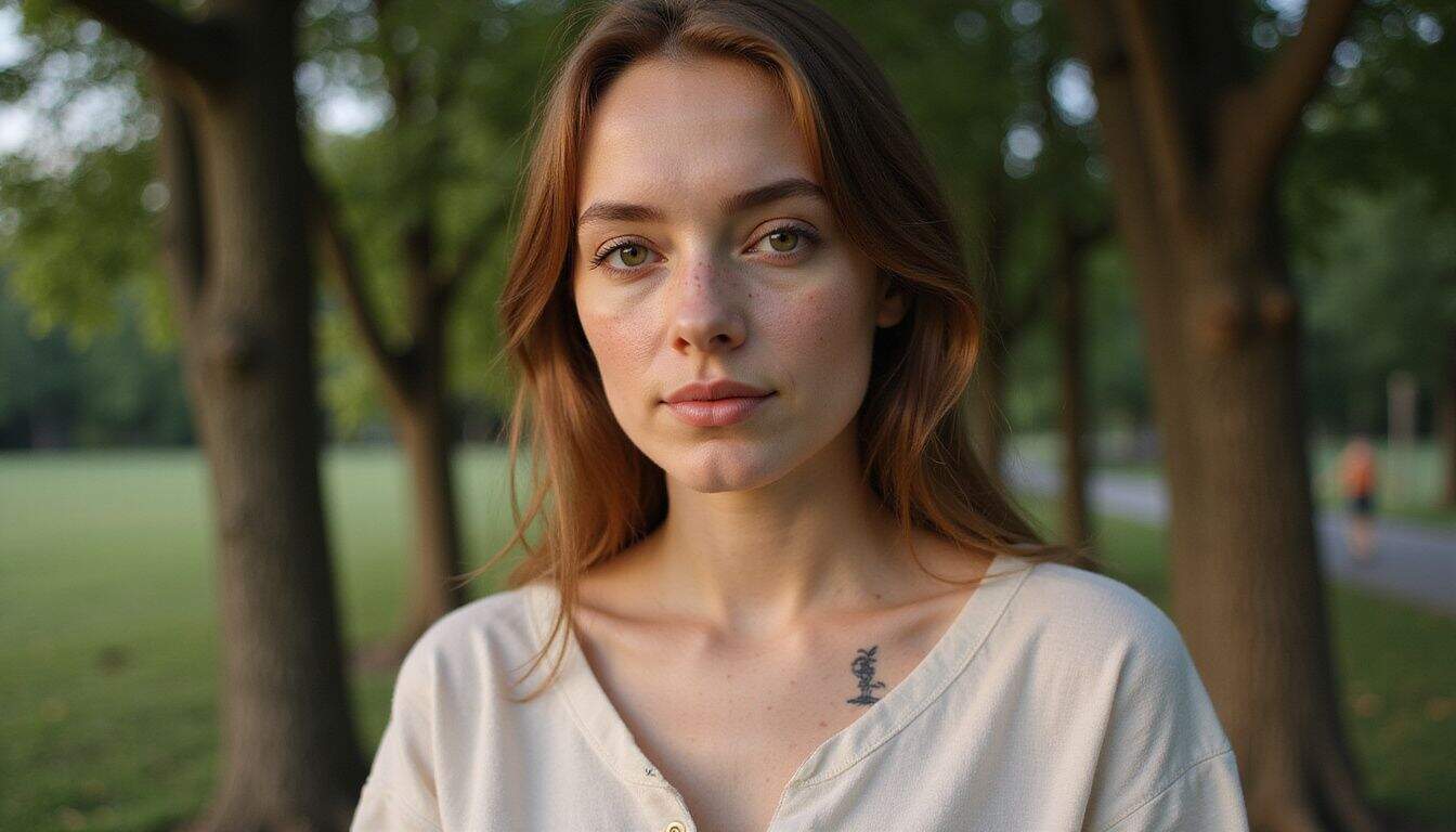 A woman in her late 20s stands outdoors, displaying a calm expression and a delicate tattoo on her collarbone. A woman in her late 20s stands outdoors, displaying a calm expression and a delicate tattoo on her collarbone.