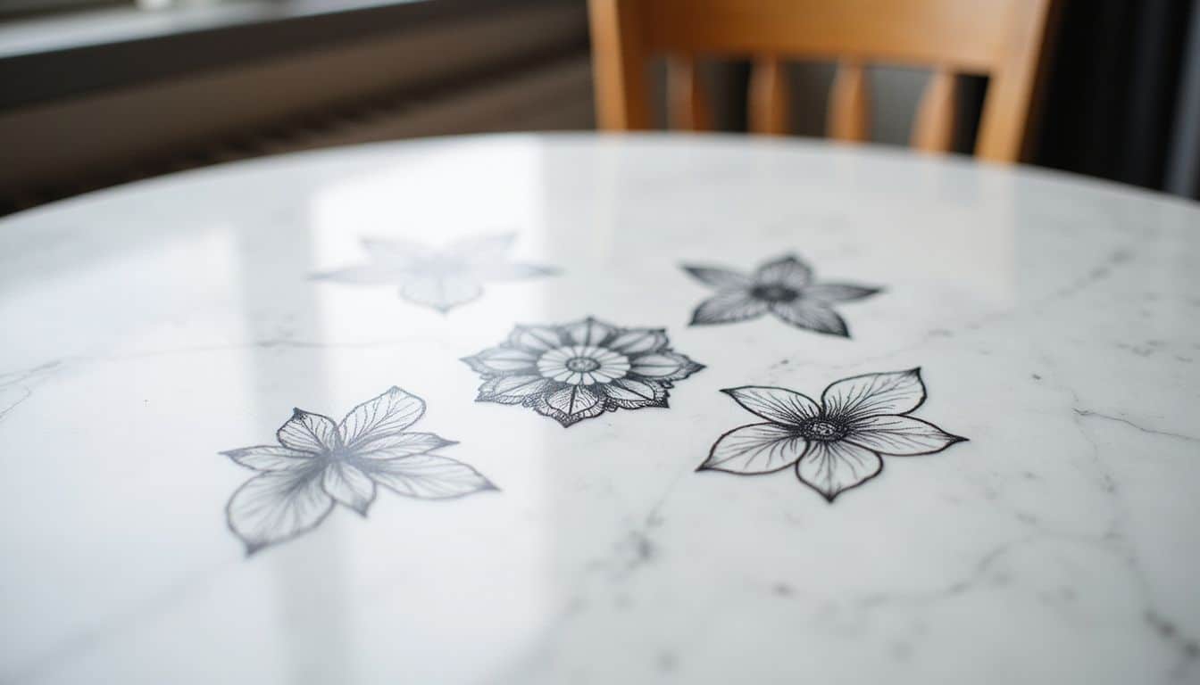 The image features a marble tabletop adorned with intricate feminine energy tattoo designs in fine black ink. The image features a marble tabletop adorned with intricate feminine energy tattoo designs in fine black ink.