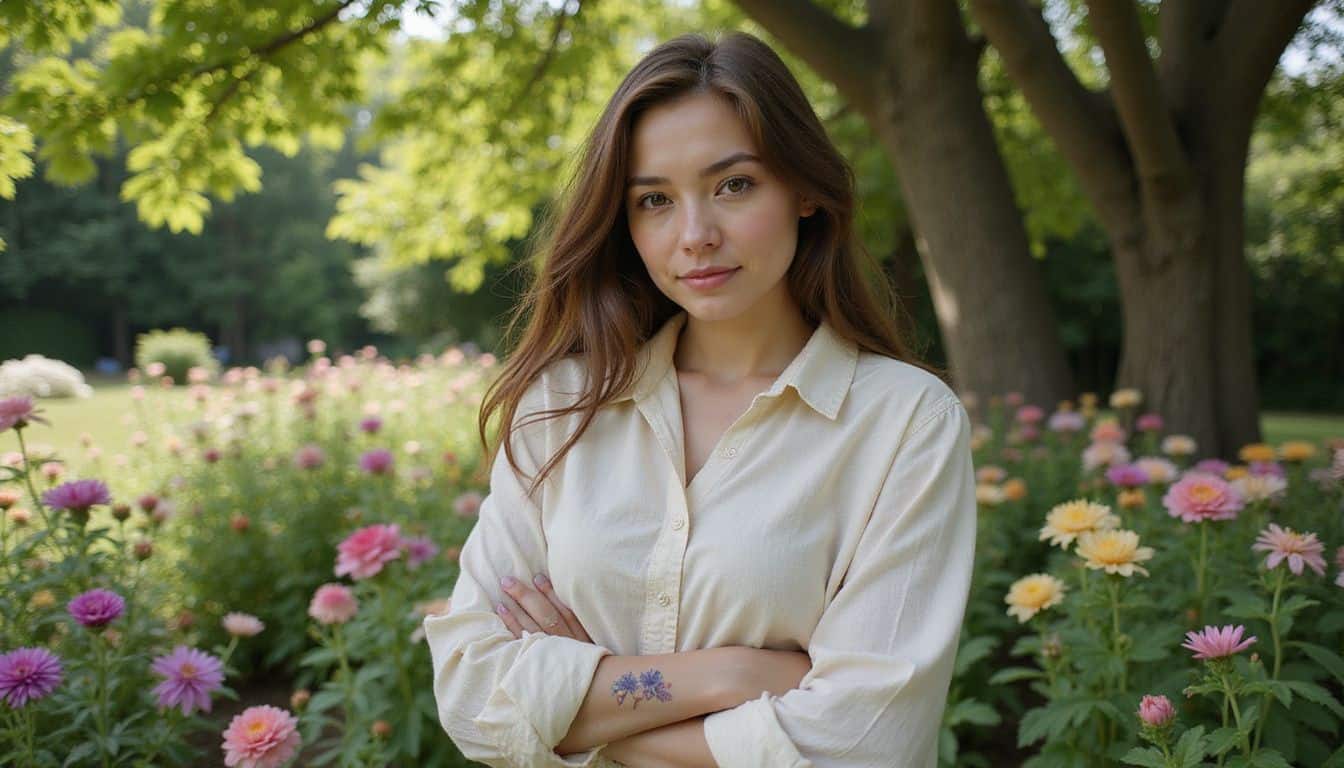 A woman stands peacefully in a vibrant garden, wearing a cream blouse and displaying a small flower tattoo on her wrist. A woman stands peacefully in a vibrant garden, wearing a cream blouse and displaying a small flower tattoo on her wrist.