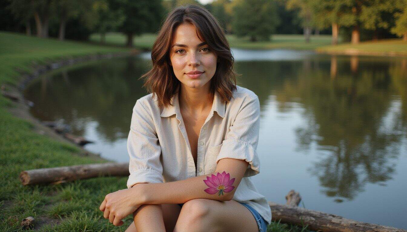A young woman sits peacefully by a pond, contemplating nature while showcasing a vibrant pink lotus tattoo on her forearm. A young woman sits peacefully by a pond, contemplating nature while showcasing a vibrant pink lotus tattoo on her forearm.