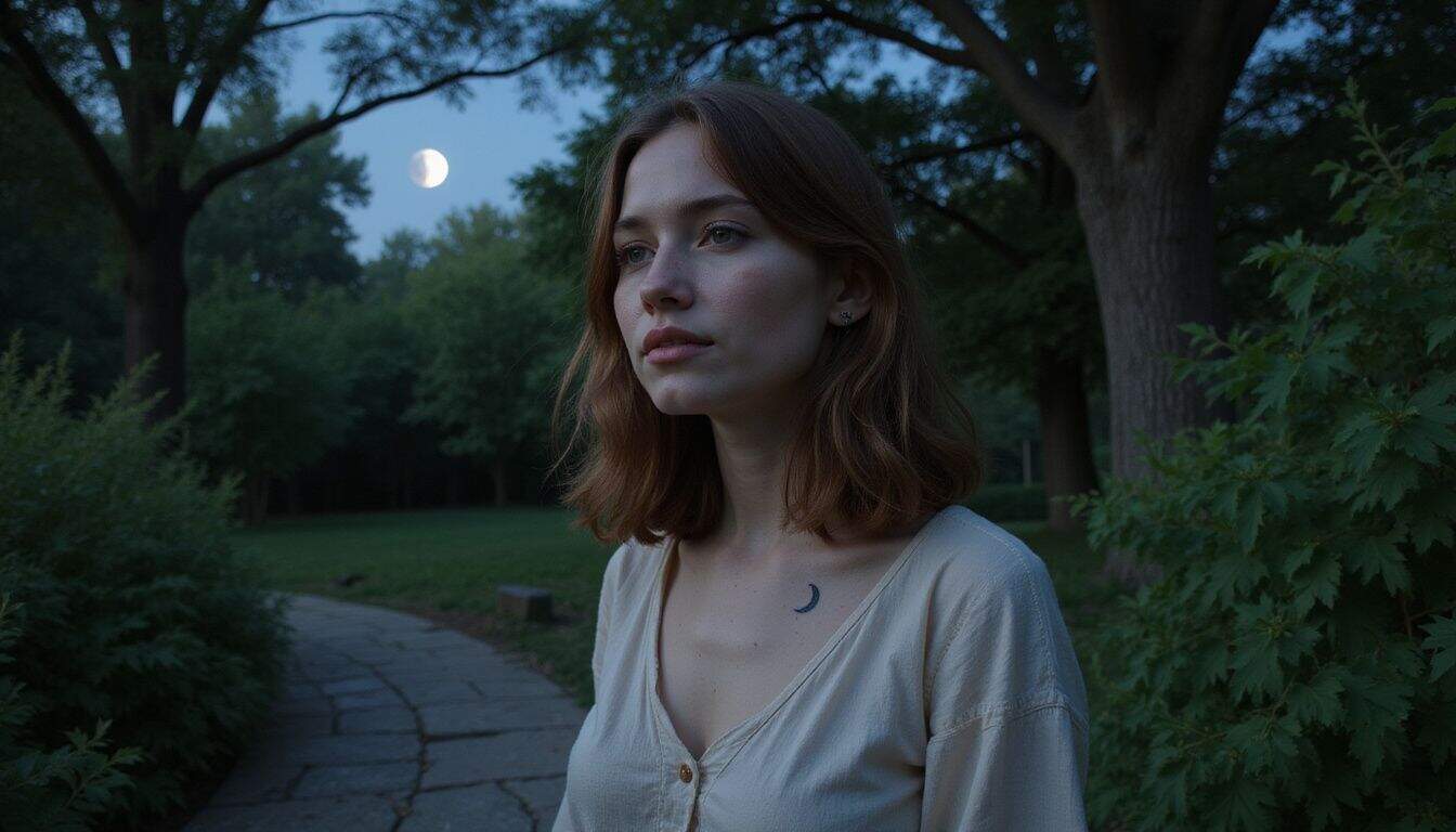 A young woman stands thoughtfully in a secluded garden, adorned with a crescent moon tattoo on her wrist. A young woman stands thoughtfully in a secluded garden, adorned with a crescent moon tattoo on her wrist.