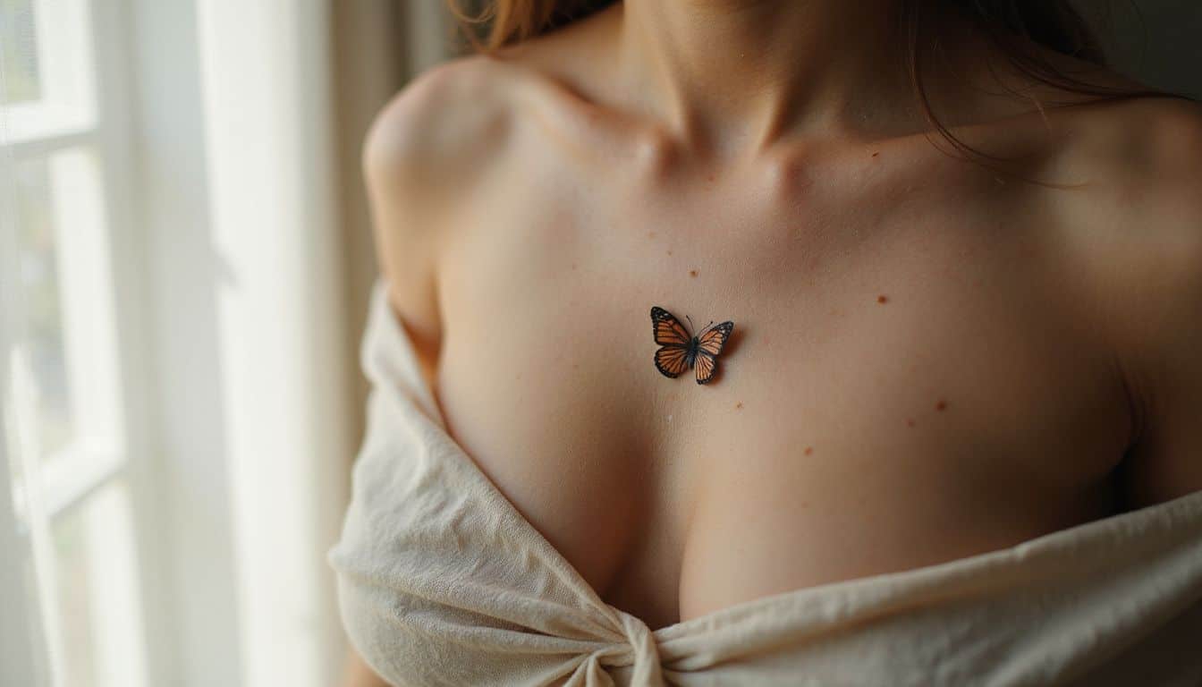 A close-up captures a delicate butterfly tattoo on a woman's ribcage, showcasing intricate details and natural skin texture. A close-up captures a delicate butterfly tattoo on a woman's ribcage, showcasing intricate details and natural skin texture.