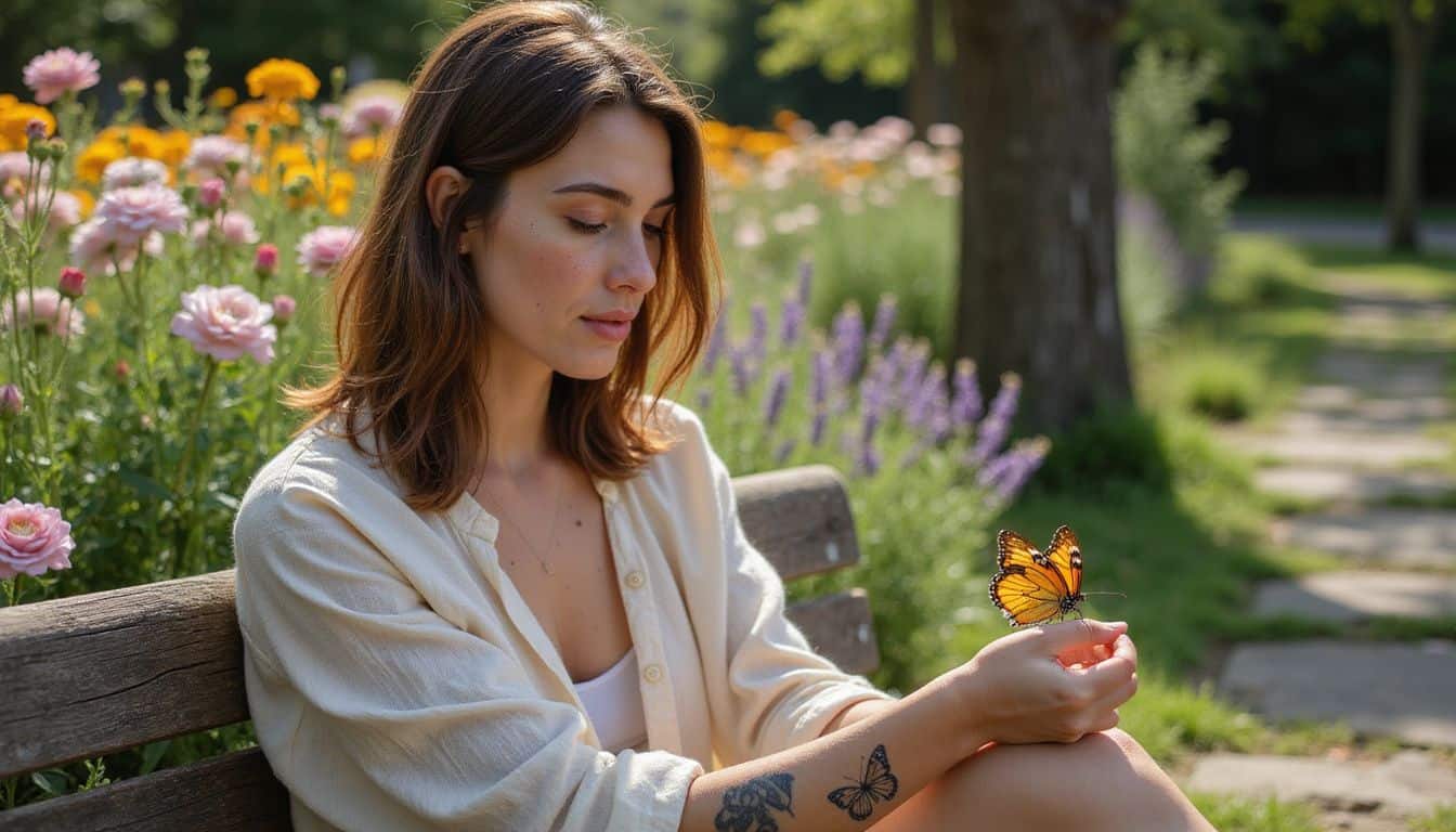 A woman sits on a bench in a garden, reflecting on her butterfly tattoo amid vibrant flowers and fluttering butterflies. A woman sits on a bench in a garden, reflecting on her butterfly tattoo amid vibrant flowers and fluttering butterflies.
