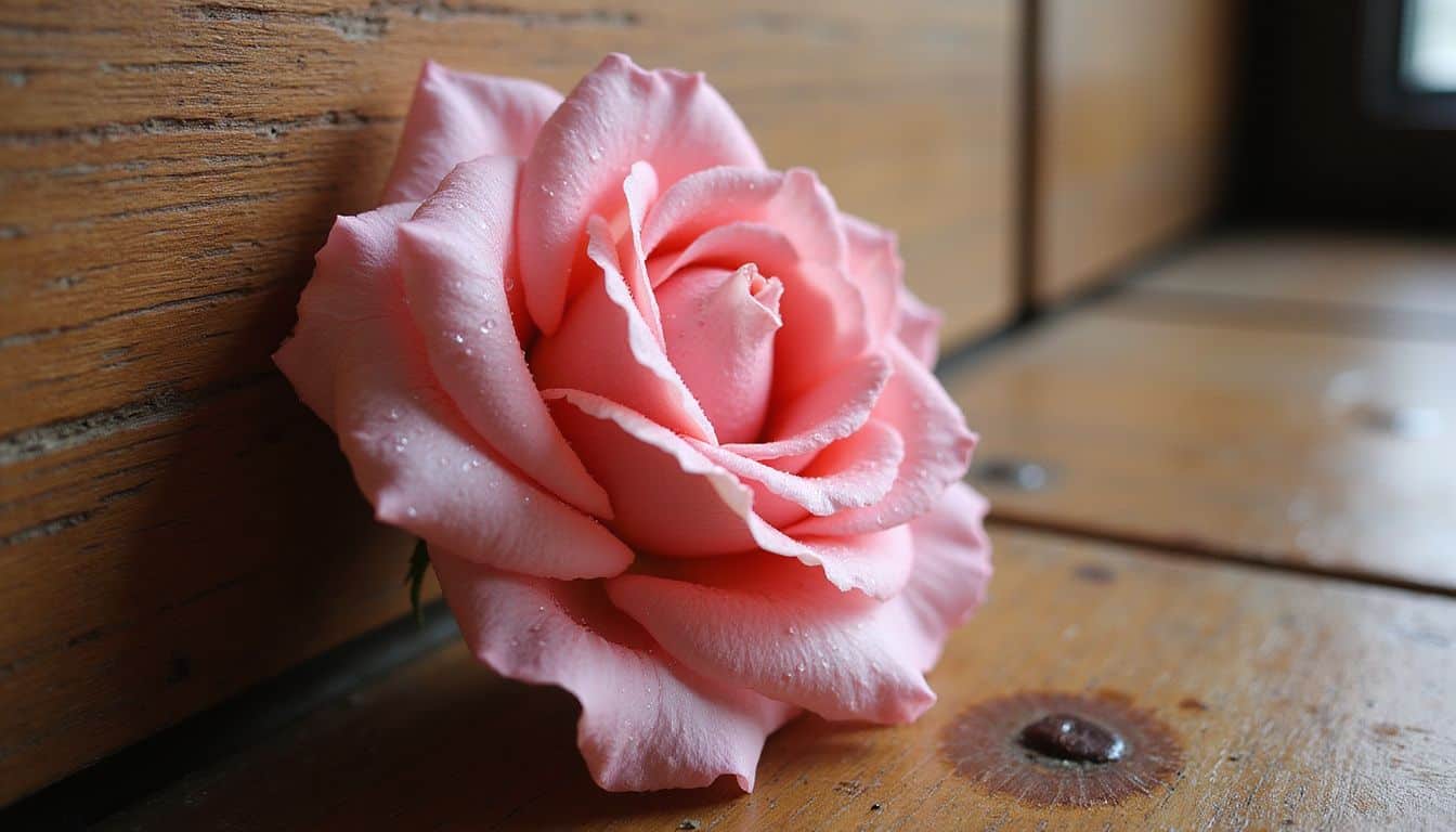 A close-up of a pink rose with dewy petals resting on a weathered wooden surface. A close-up of a pink rose with dewy petals resting on a weathered wooden surface.