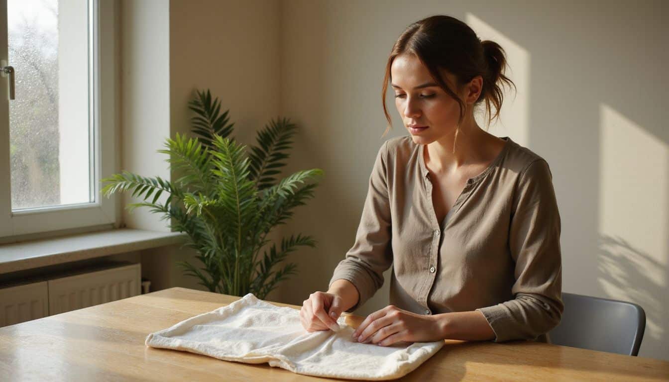 A woman attentively applies a natural stain remover to cloth diapers on a wooden table in a cozy domestic setting.