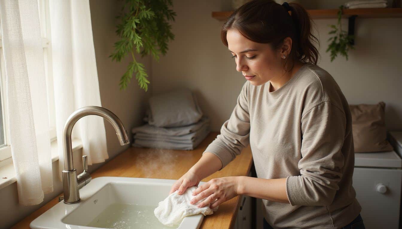 A woman rinses cloth diapers in a cozy laundry room, focused on her task amidst neatly organized surroundings.