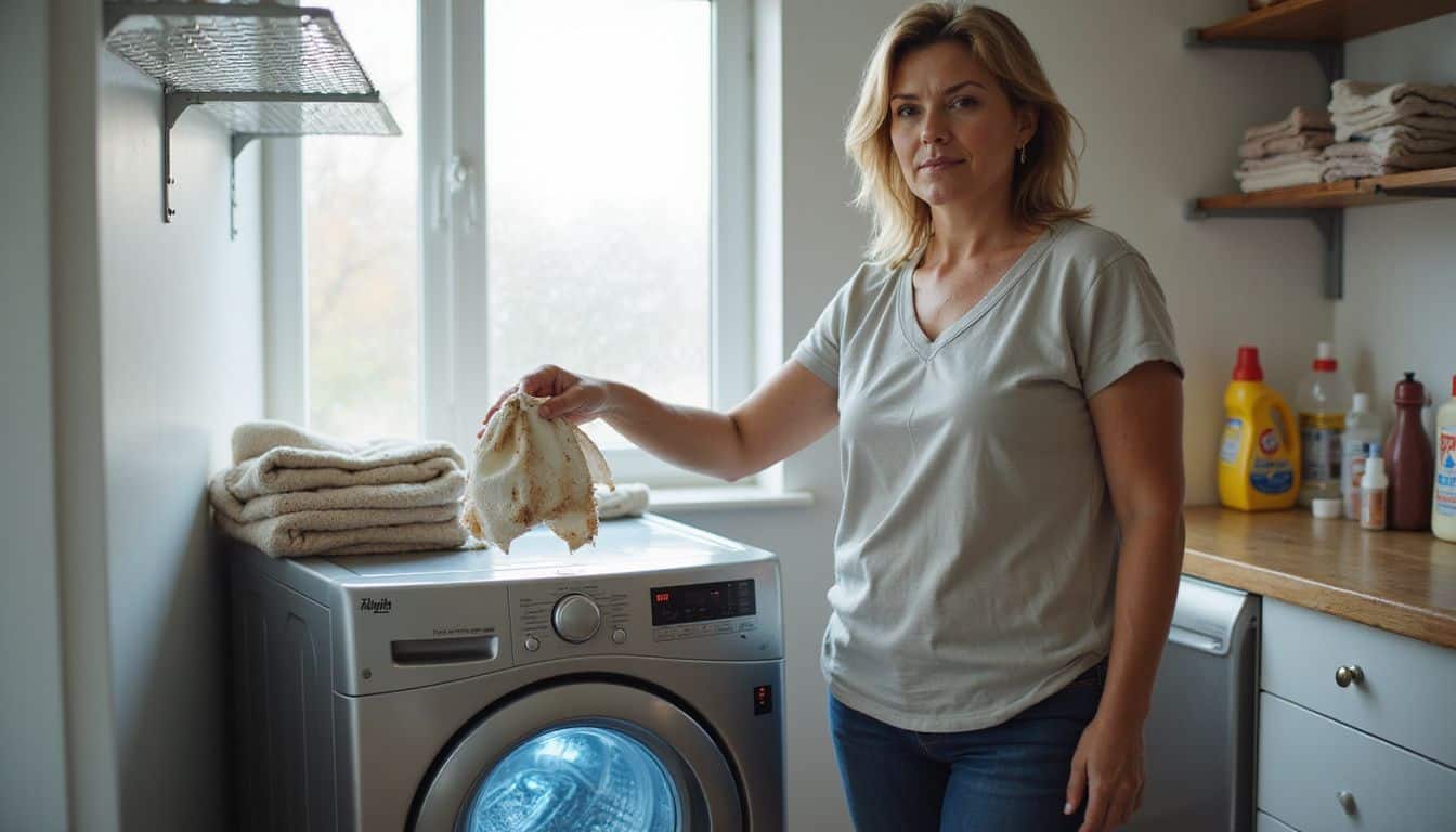 A woman in casual attire tosses a stained diaper into a front-loading washing machine in a tidy laundry room.