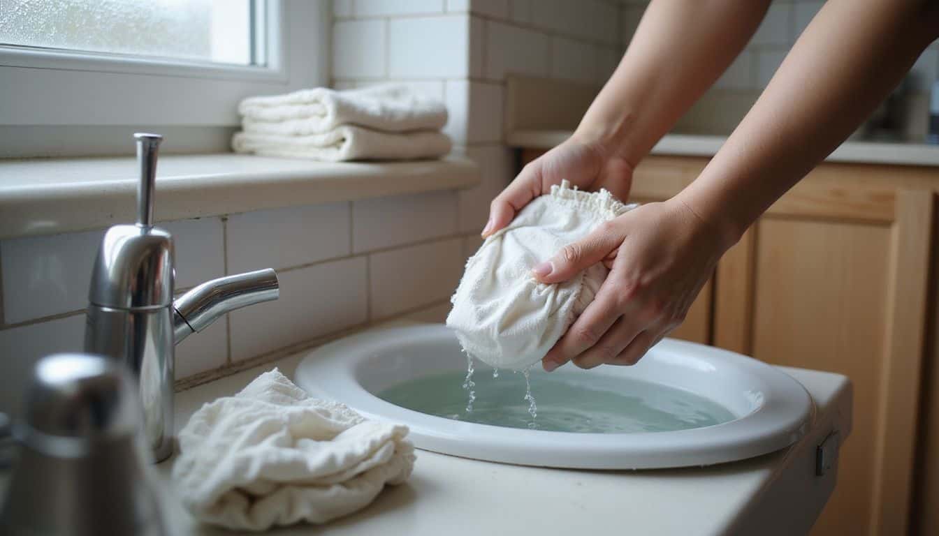 A caregiver gently rinses a soiled cloth diaper in a modest bathroom, surrounded by clean diapers and disposable liners.
